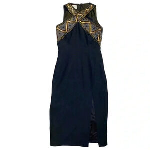 Vintage A.J. Bari Beaded Sleeveless Cross Neckline Slit Hem Black Gold Dress